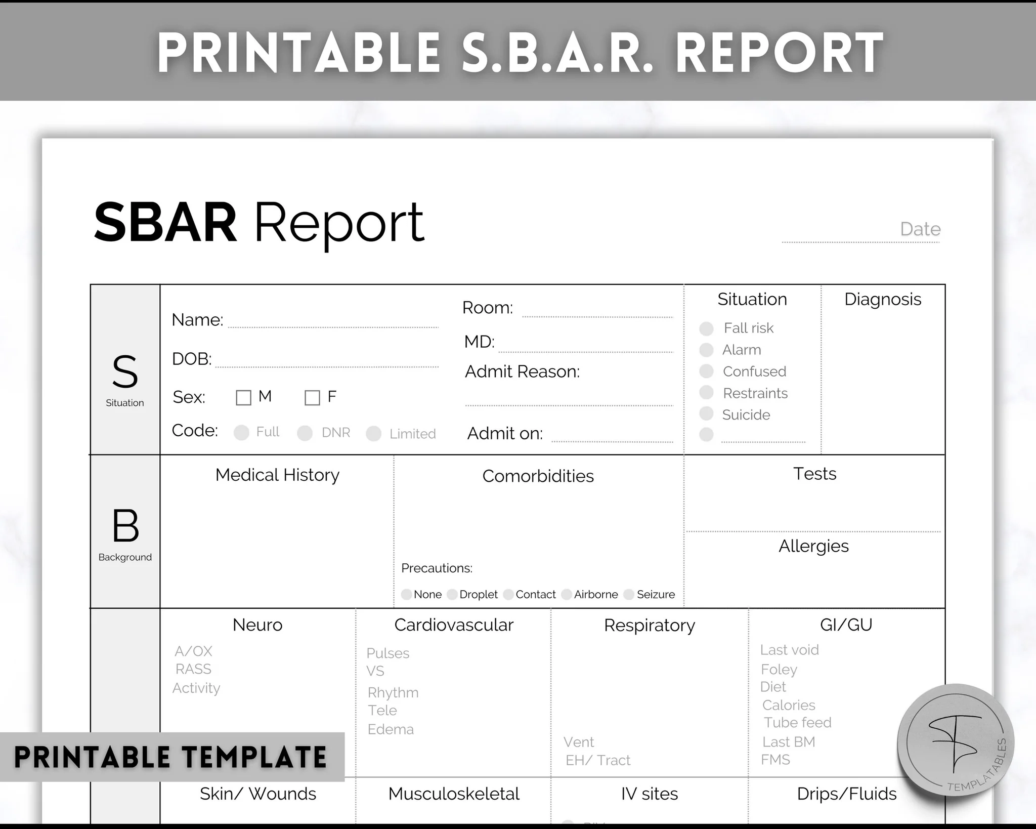 SBAR Nurse Brain Report Sheet ICU Nurse Report Printable Template