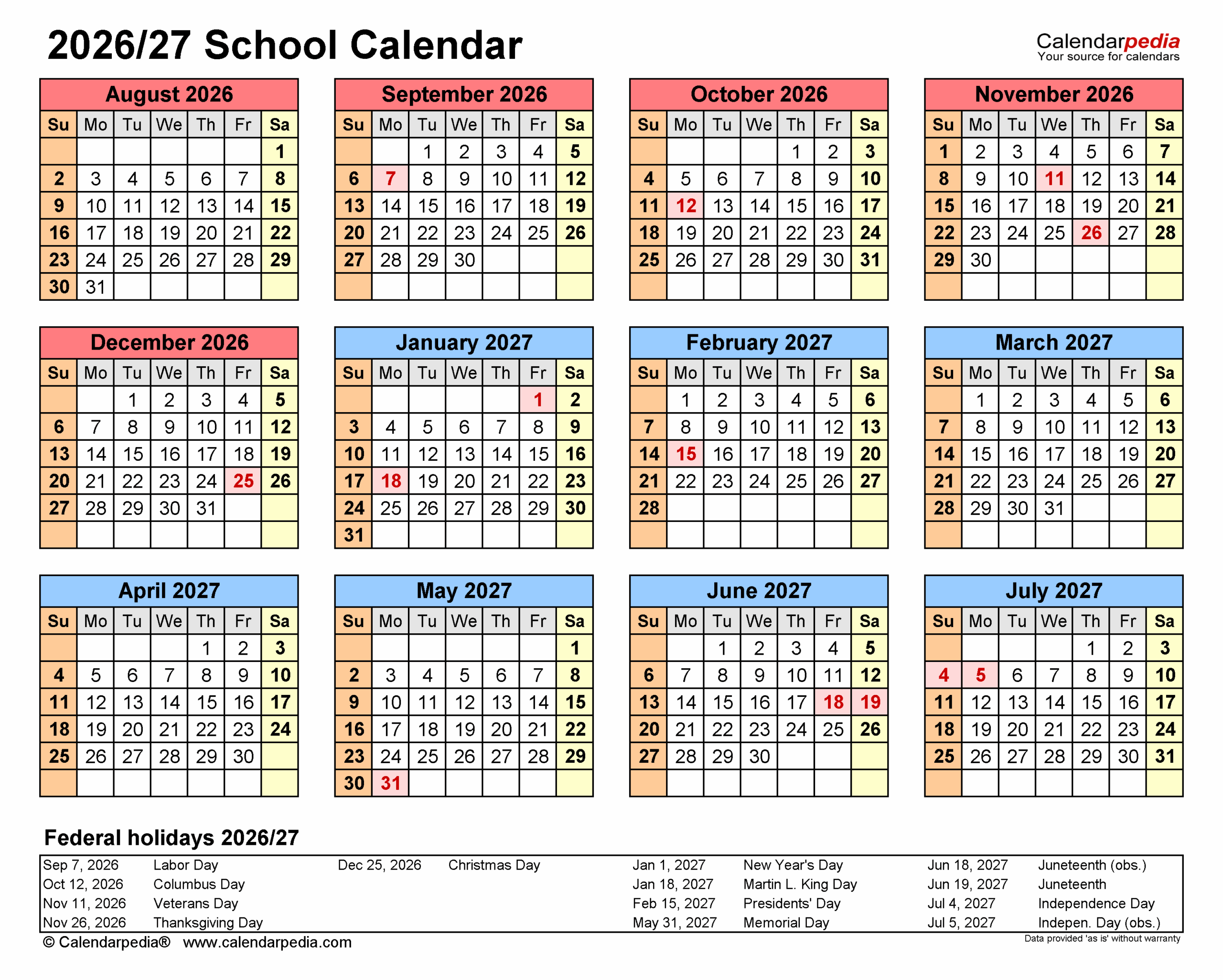 Blank Printable 2026-2027 School Calendar
