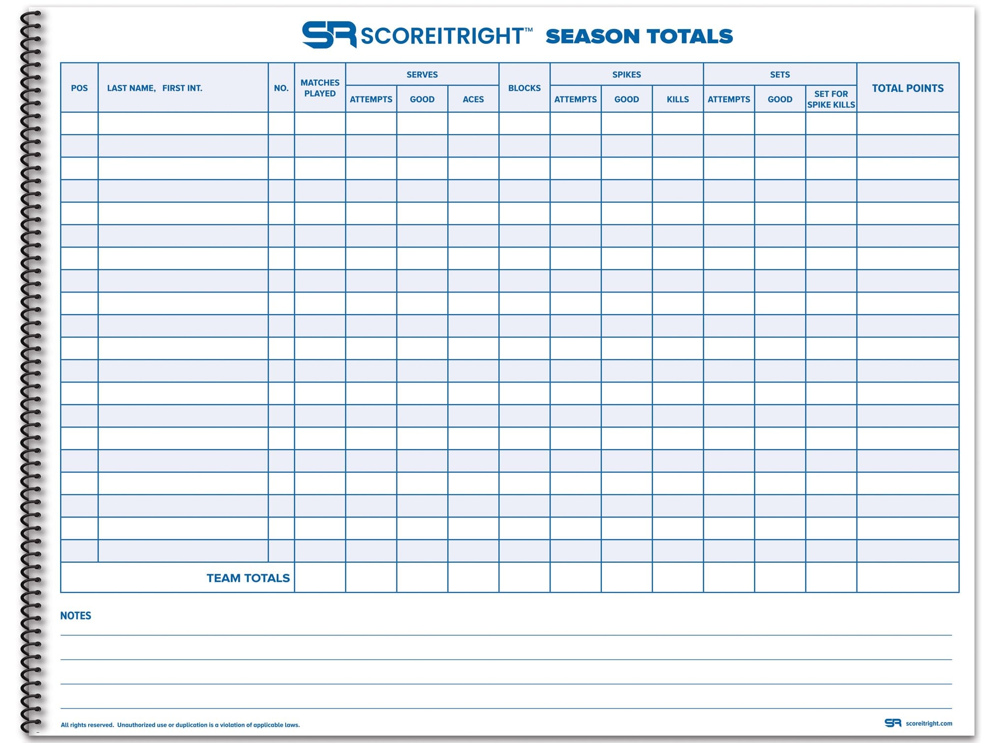 Score It Right Volleyball Scorebook 24 Match Spiral Volleyball Scorebook With Season Totals And Team Roster Sheet Premium Paper Volleyball Score 