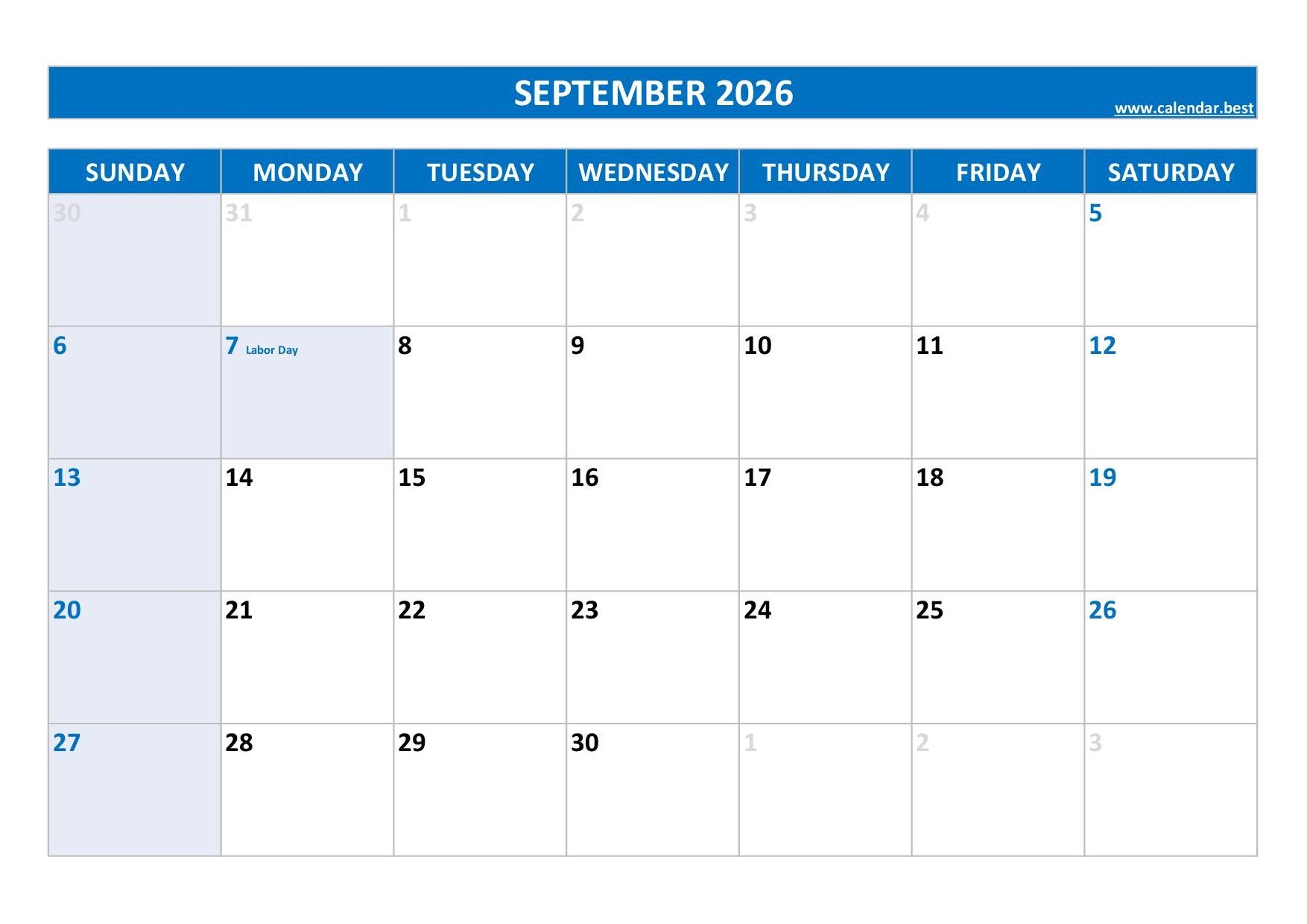 Printable Blank September Calendar 2026