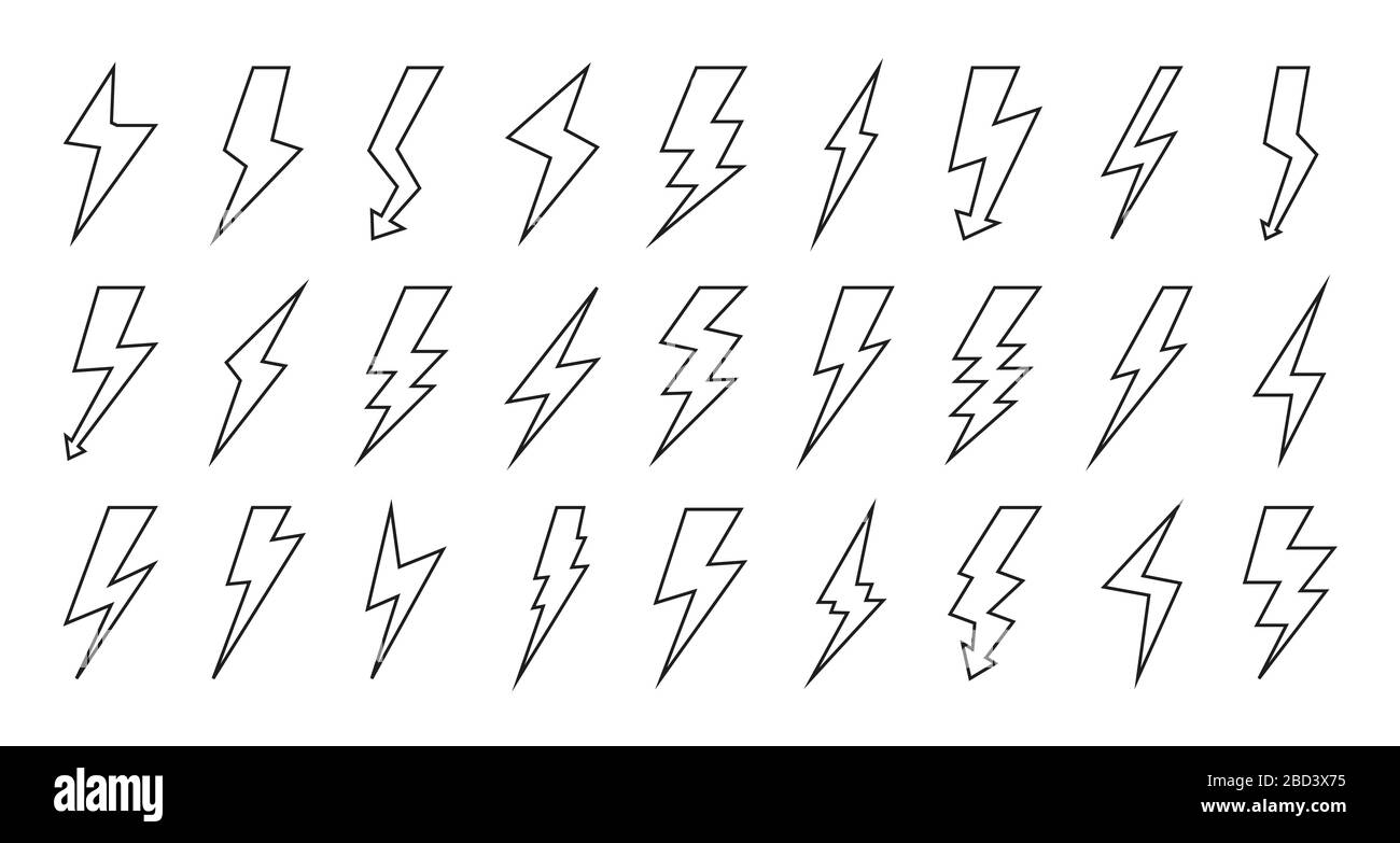 Set Of Black Line Lightning Bolt Icon Blank Contour Emblem 