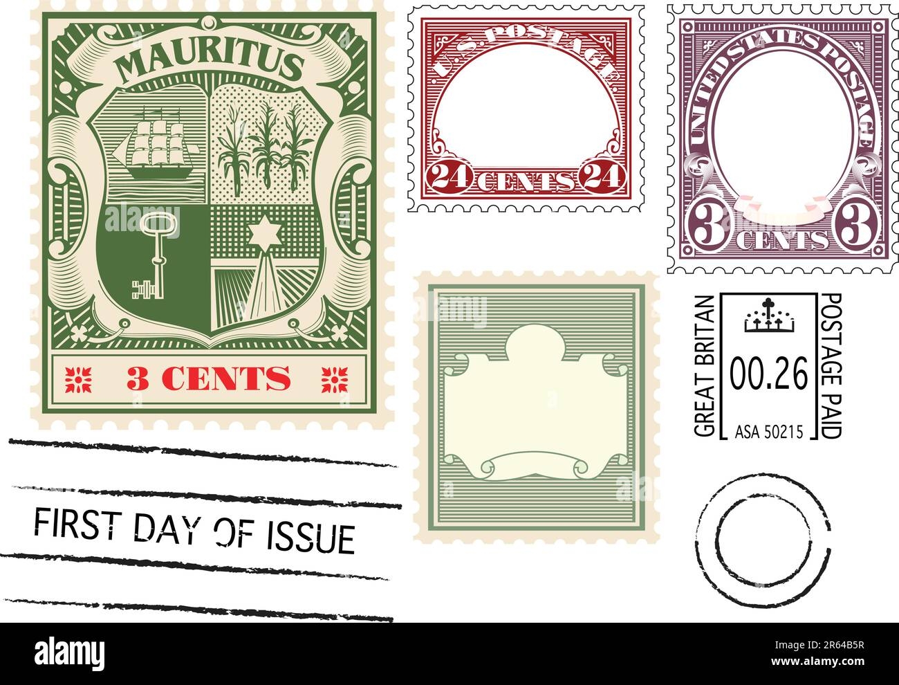 Set Of Old Postage Stamps And Blank Stamp Template Stock Vector 