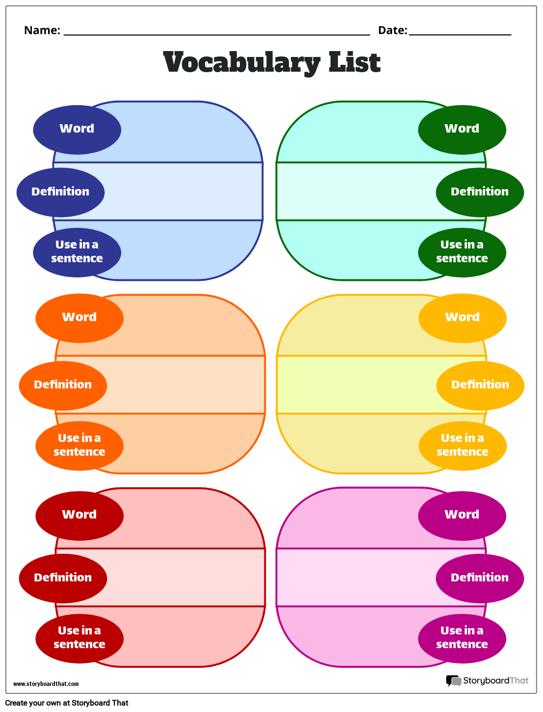 Storyboard That Free Vocabulary Worksheet Templates