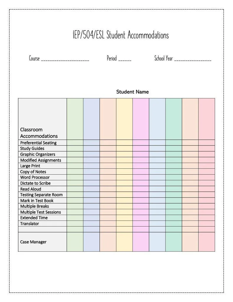 Student IEP 504 Accommodations Form Etsy