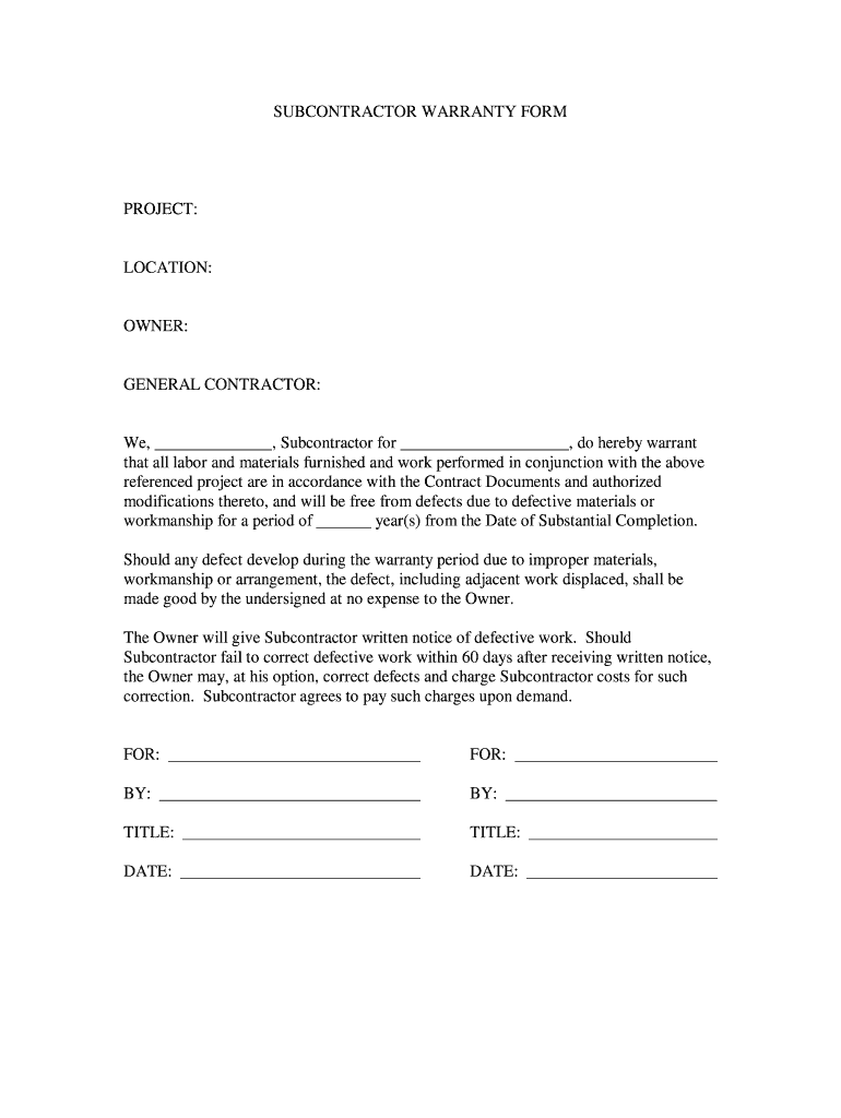Subcontractor Warranty Form Fill Online Printable Fillable 