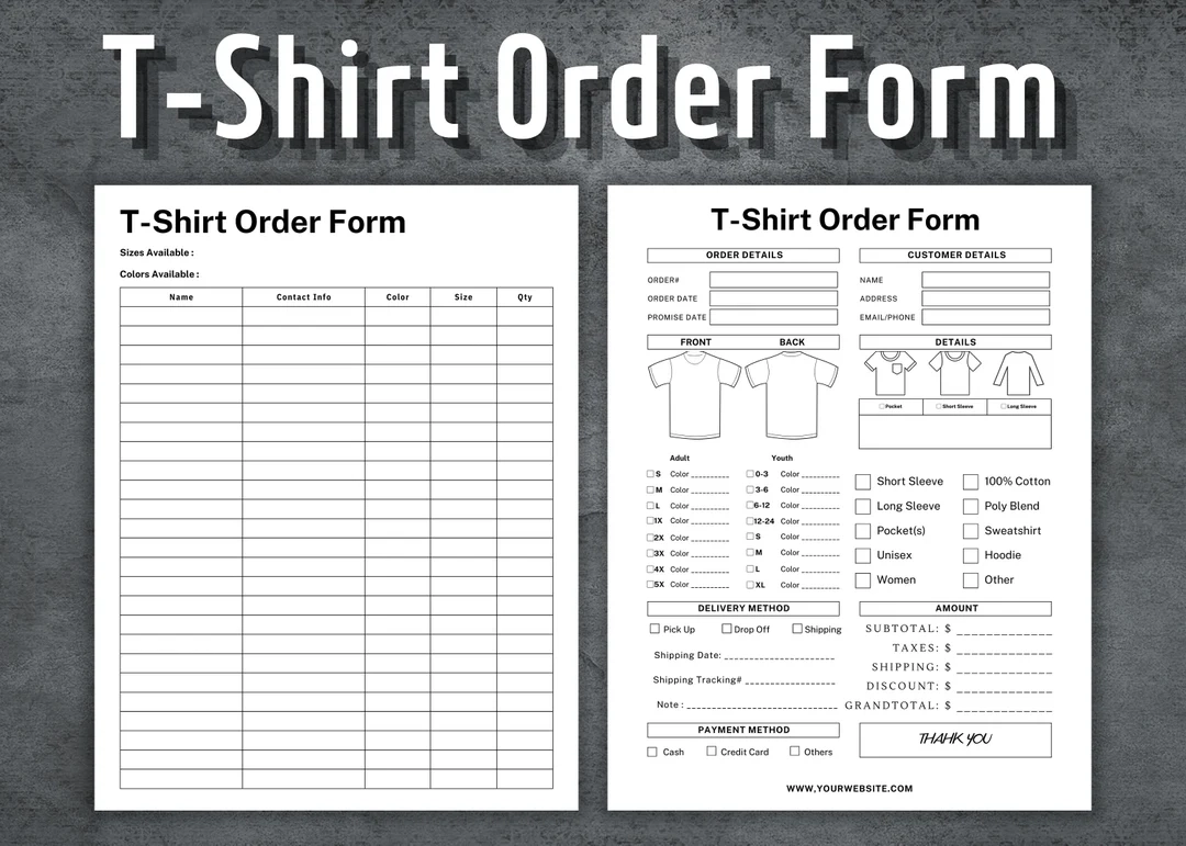 Printable Blank T-Shirt Order Form
