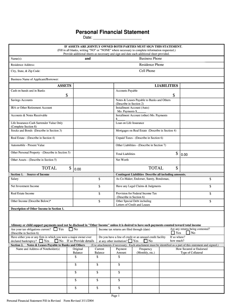 Printable Blank Personal Financial Statement