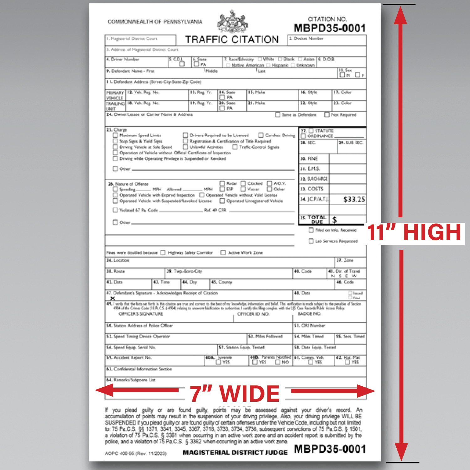 TRAFFIC CITATION AOPC 406 95 Rev 11 2023 OVERSIZED 7x11 