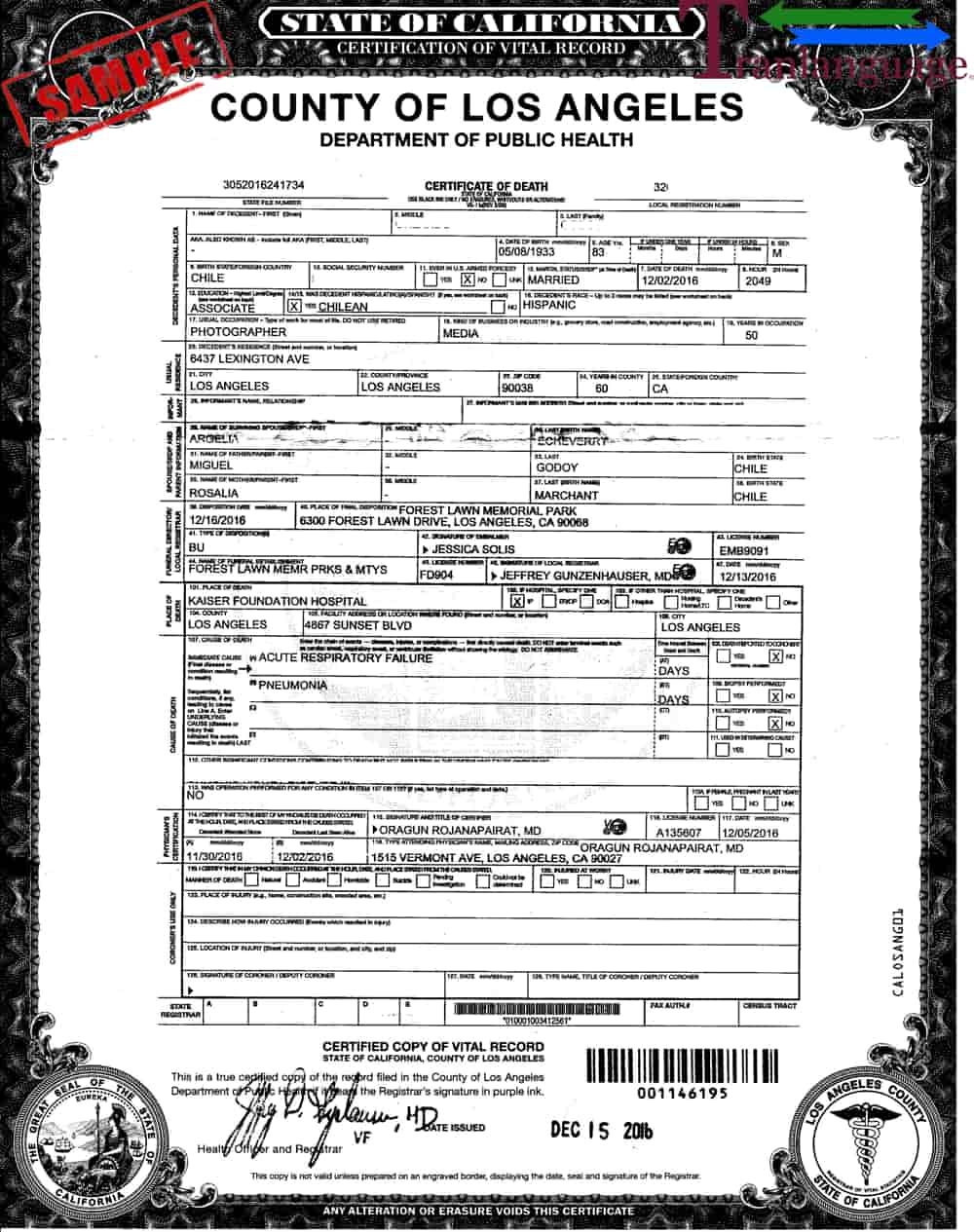 Translation Of Death Certificate US California I Certified 