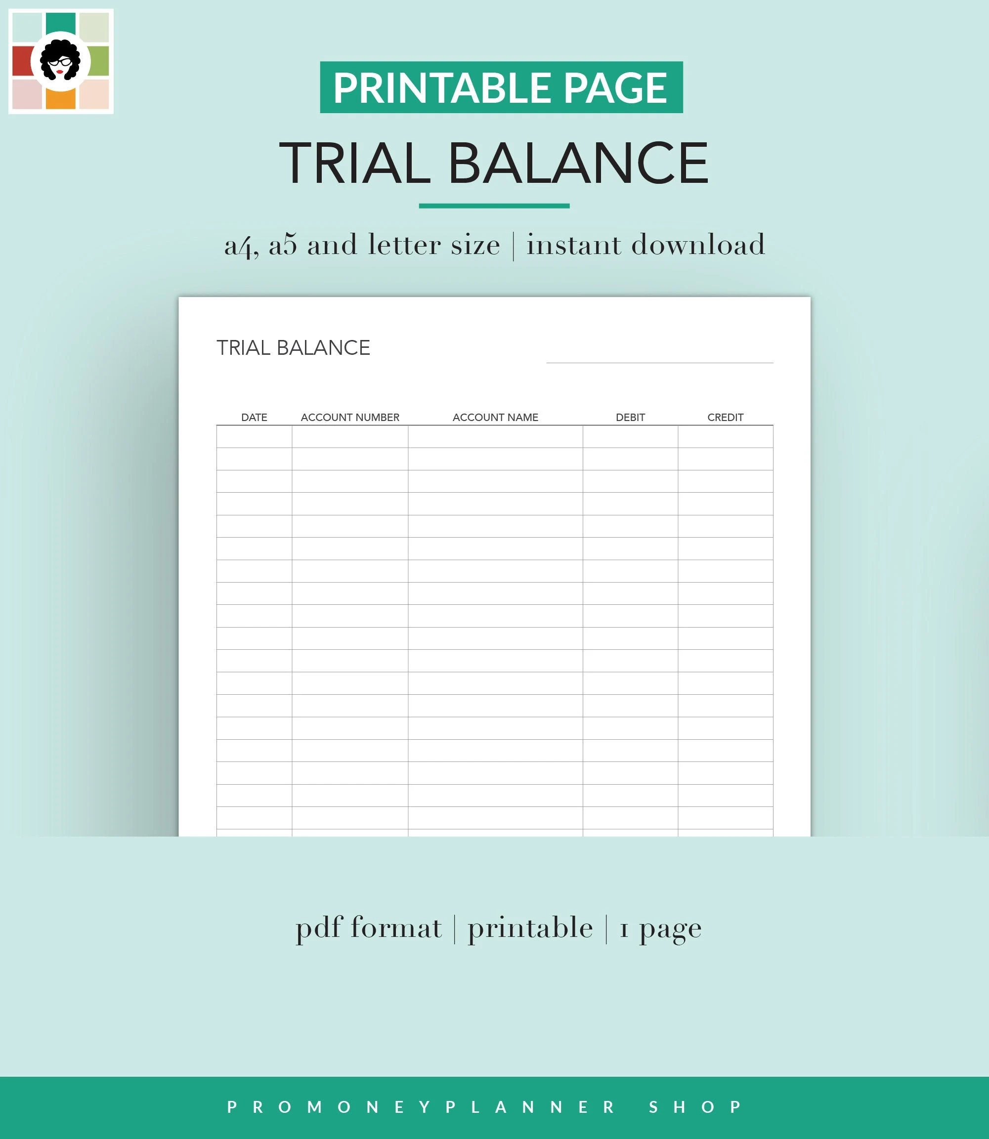 Trial Balance Printable PDF Letter A4 A5 Instant 