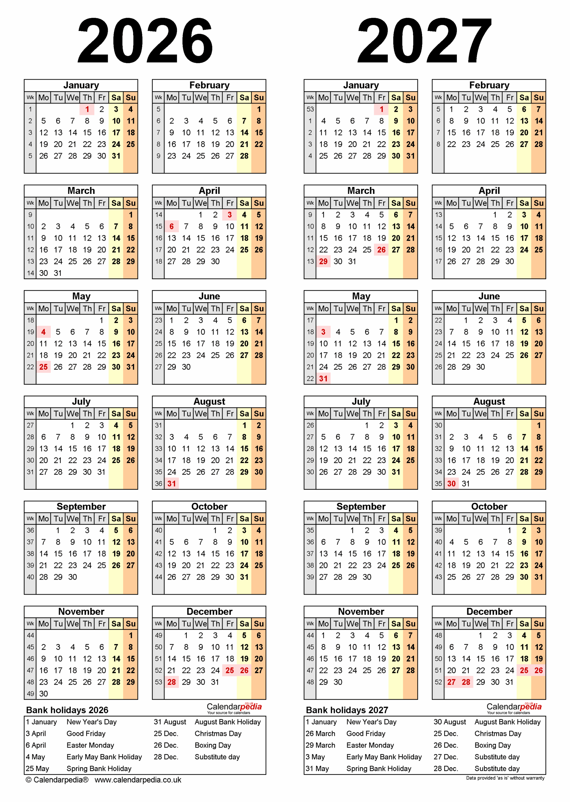 Two Year Calendars For 2026 And 2027 UK For PDF