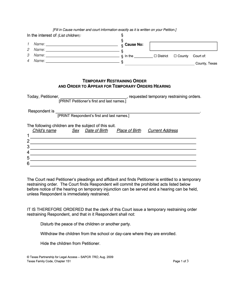 TX Temporary Restraining Order And Order Form Fill Online 