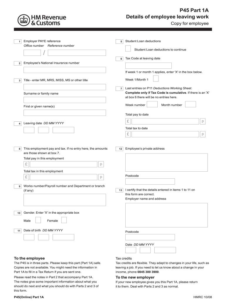 UK P45Online Part 1A Form Fill Online Printable Fillable 