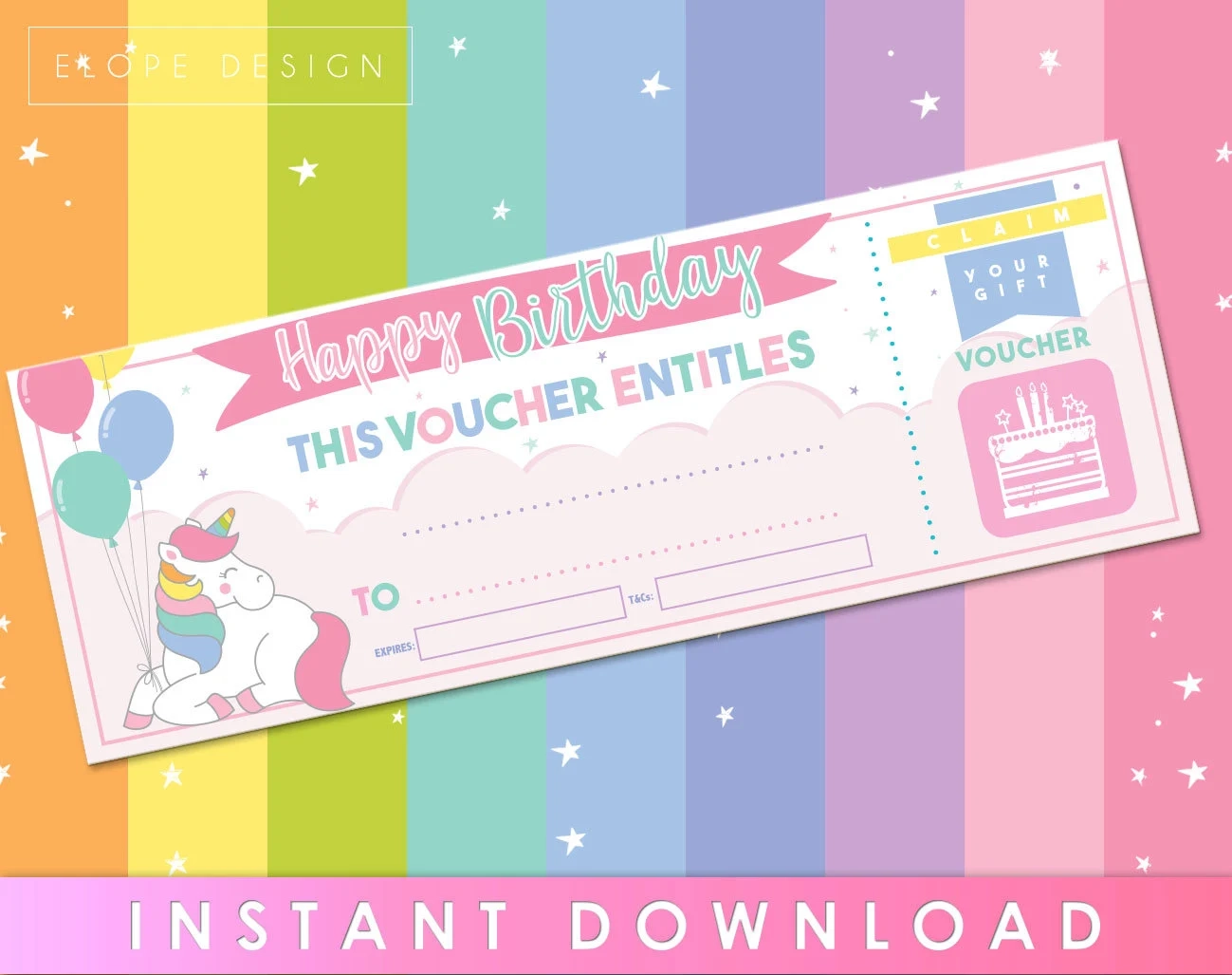 Unicorn Birthday Gift Voucher Printable Blank Coupon PDF Etsy