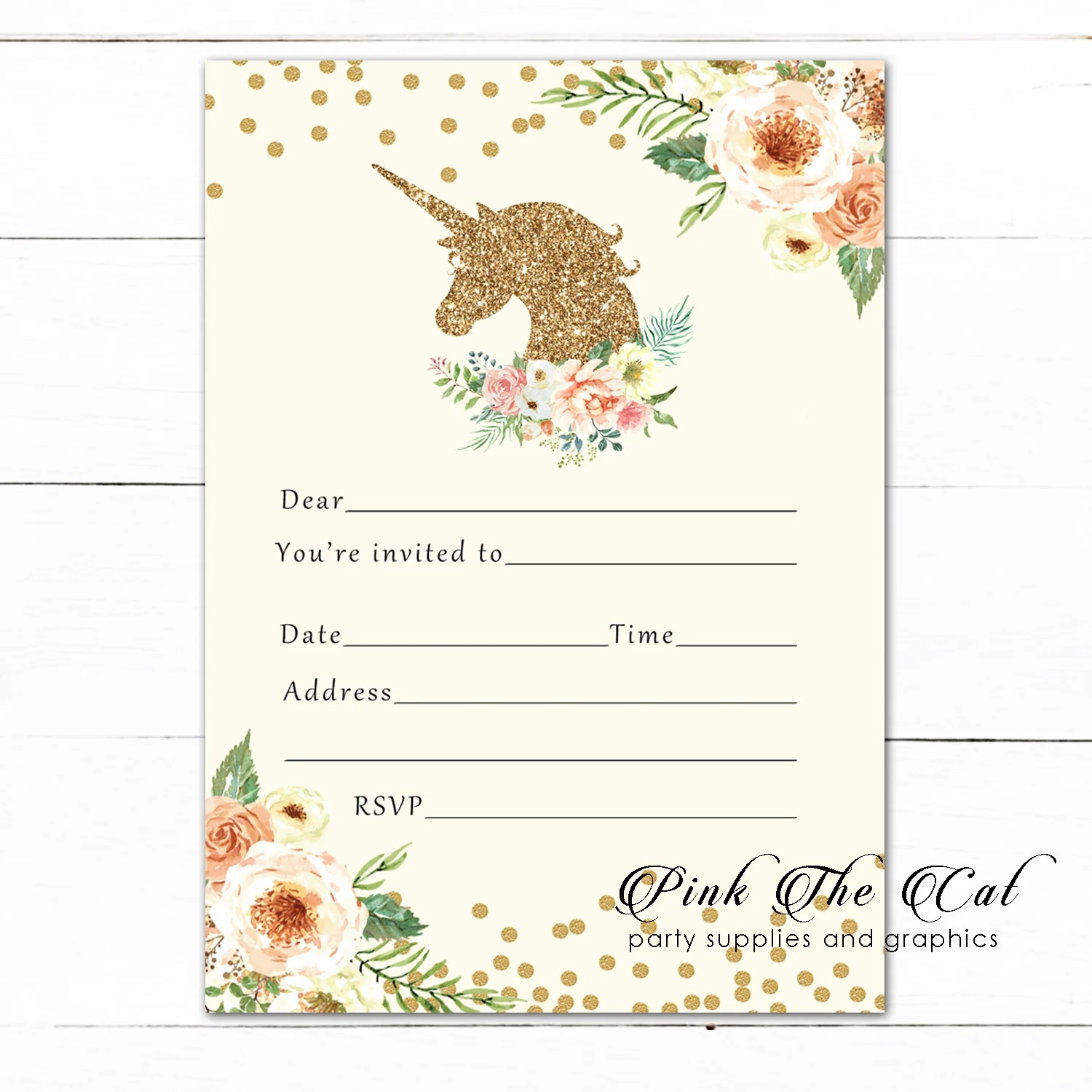 Unicorn Invitation Fill In Blank Peach Gold Birthday Printable 