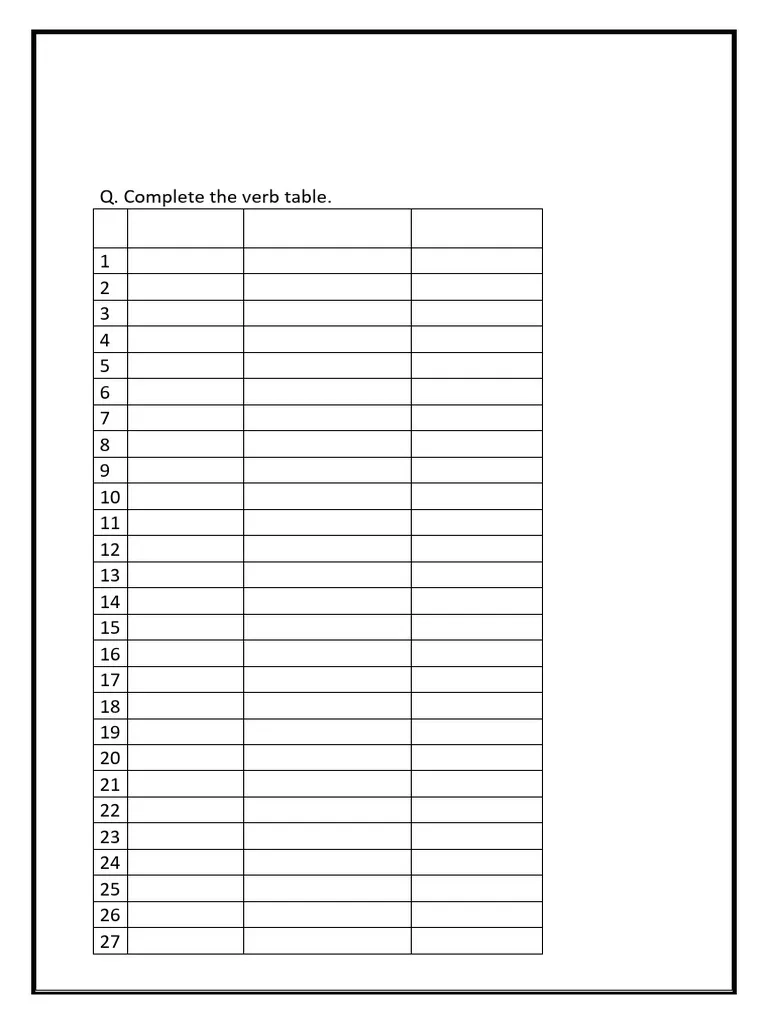 Verb Table Worksheet PDF