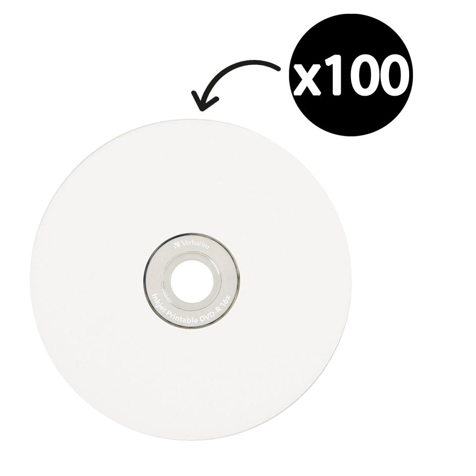 Verbatim Printable DVD R 4 7 GB 16x 120 Min Spindle Pack 100 