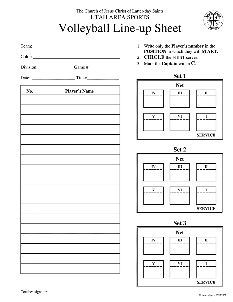 Volleyball Roster And Lineup Sheet Printable Blank PDF Online