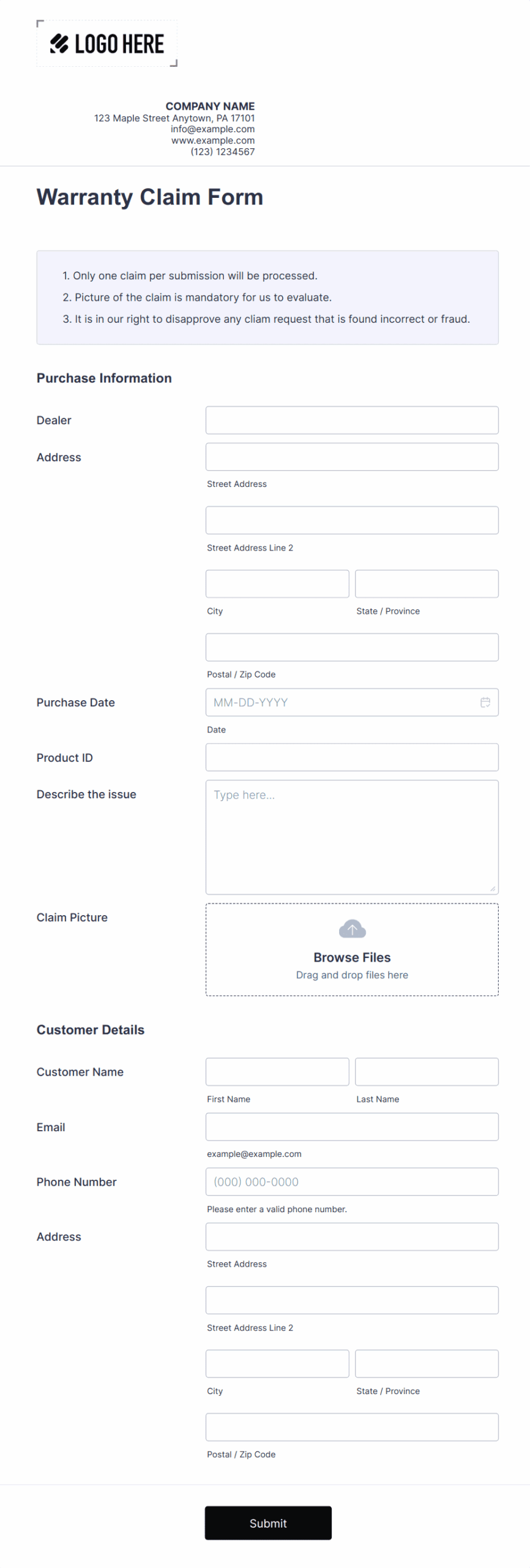 Warranty Claim Form Template Jotform