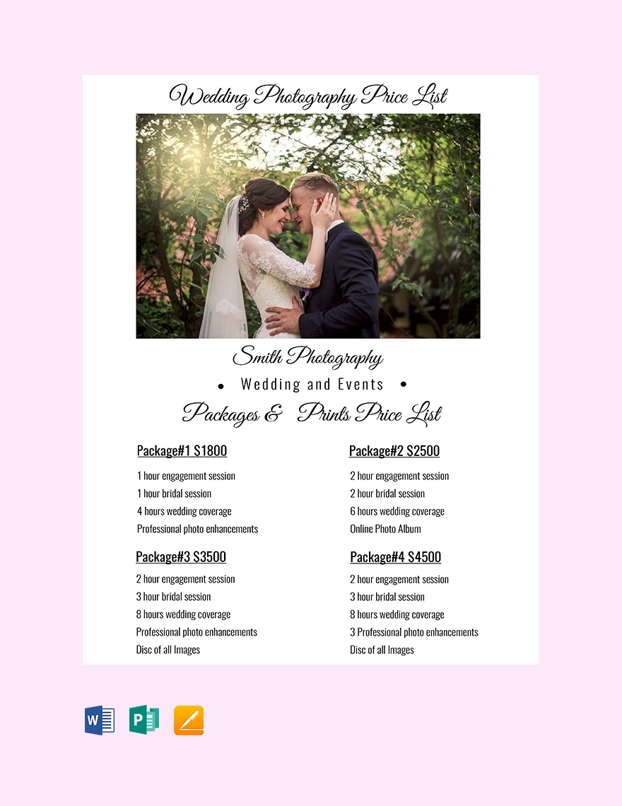 Printable Blank Wedding Packages