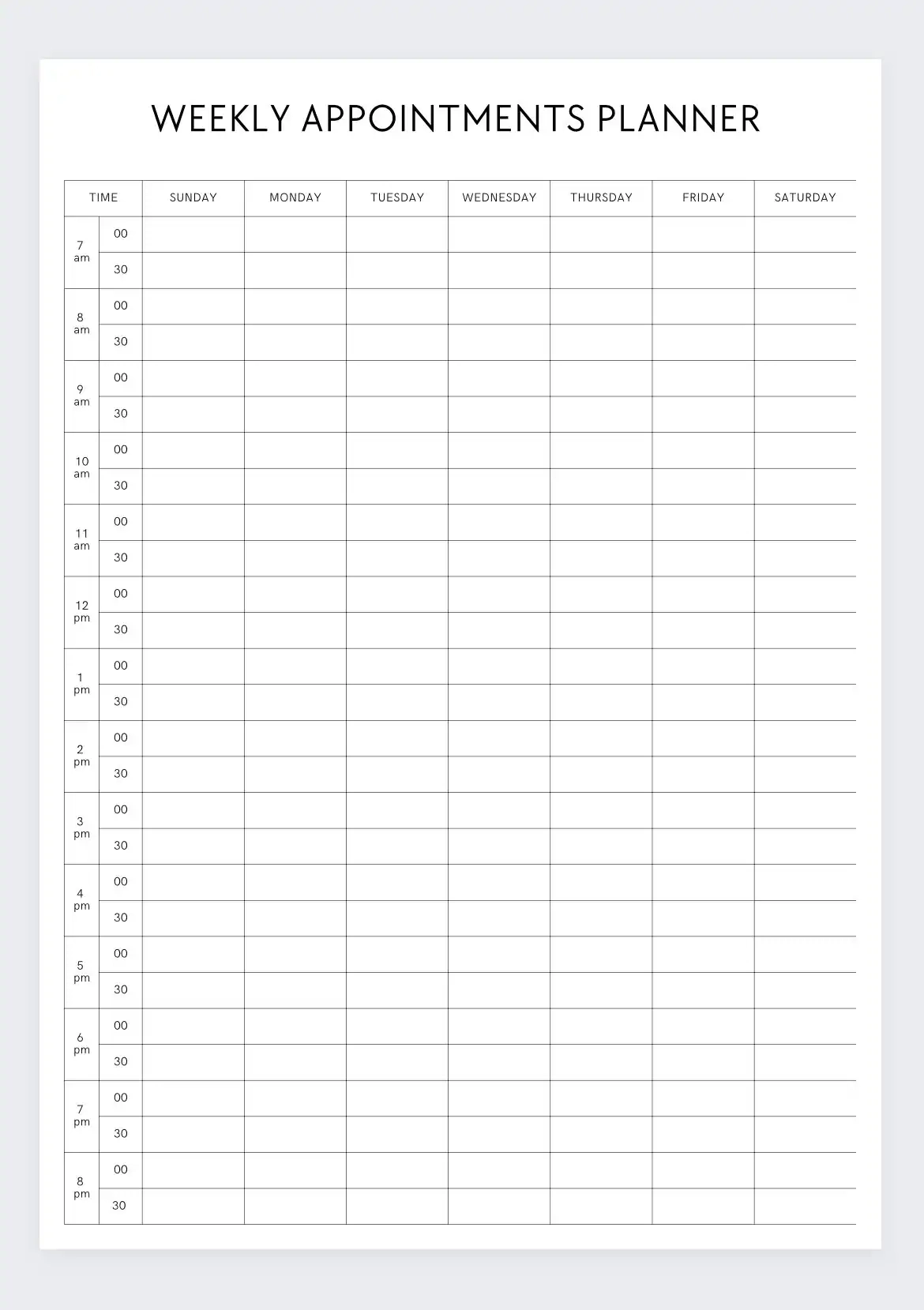 Week Appt Cal Printable Blank