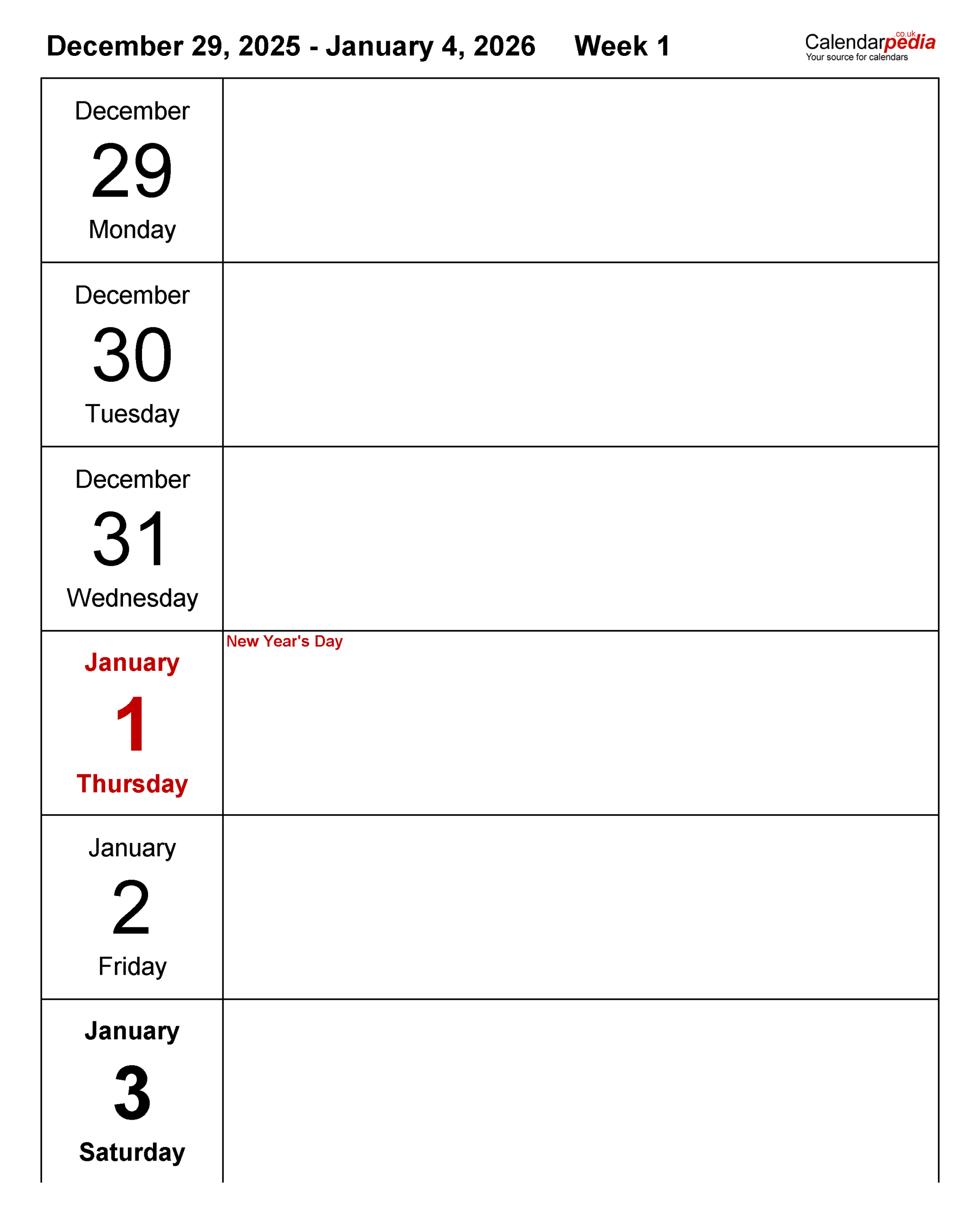 Blank Printable Weekly Calendar 2026