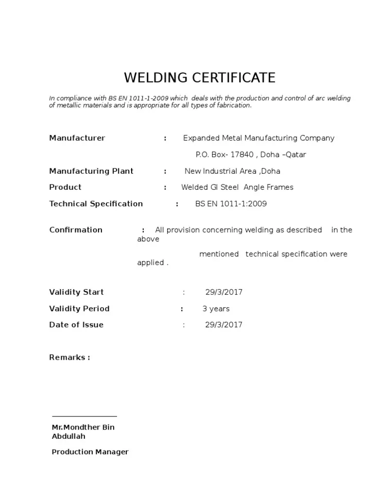 Welding Certificate Template PDF Technology amp Engineering