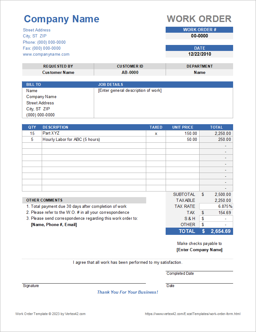Printable Blank Work Order Template