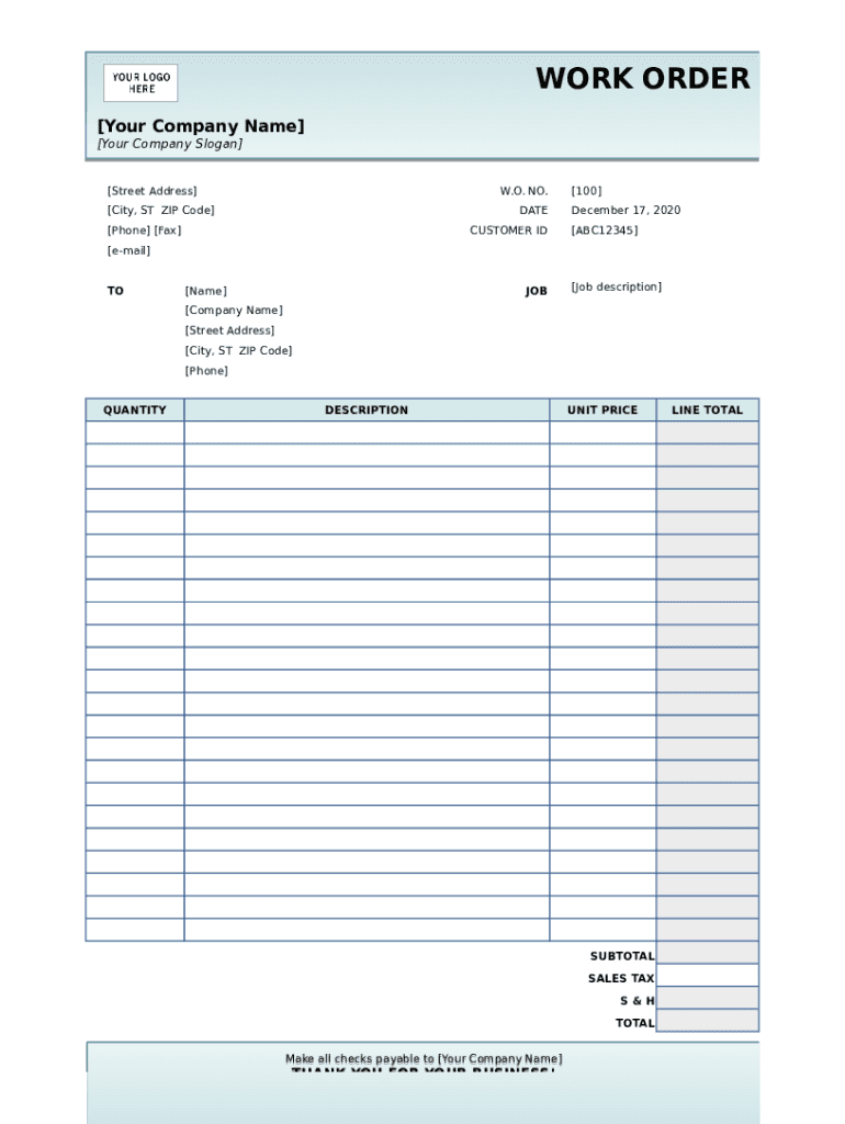 Blank Work Order Free Printable