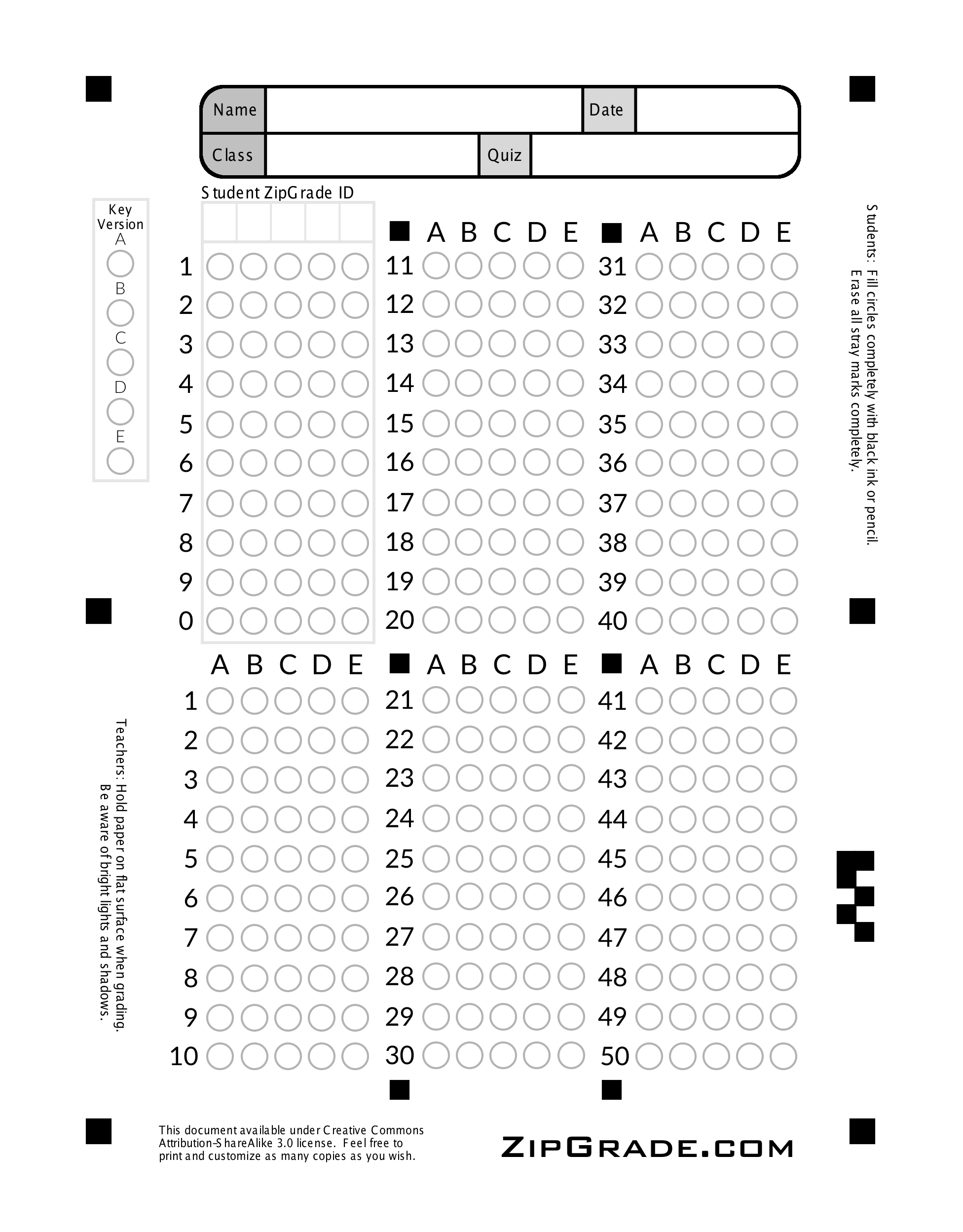 ZipGrade Answer Sheet Forms